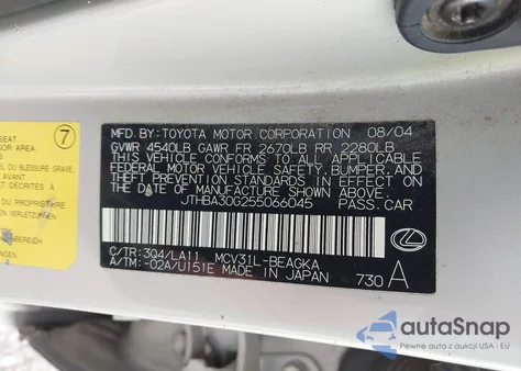 2005 Lexus Es 330 z USA, uszkodzony, nr VIN JTHBA30G255066045